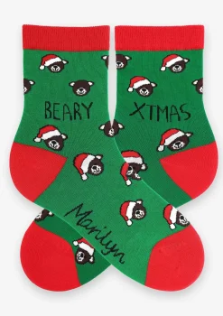 Skarpetki damskie bawełniane z grafiką świątecznych misiów Santa Pooh Marilyn