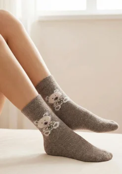 Skarpetki damskie ciepłe z wełną i angorą z motywem misia - Angora F32