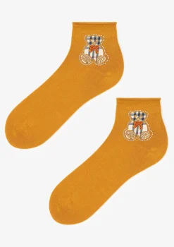 Skarpetki damskie z misiem w kratkę i cyrkoniami Cotton Fashion Teddy Marilyn