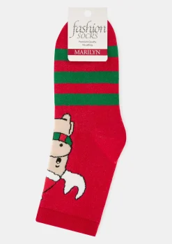 Skarpetki damskie z motywem łosia w czapce Mikołaja Christmas Moos Marilyn