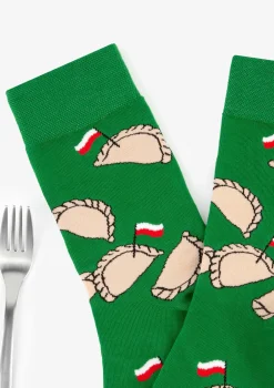 Skarpety PRL z kulinarną grafiką polskich pierogów Marilyn